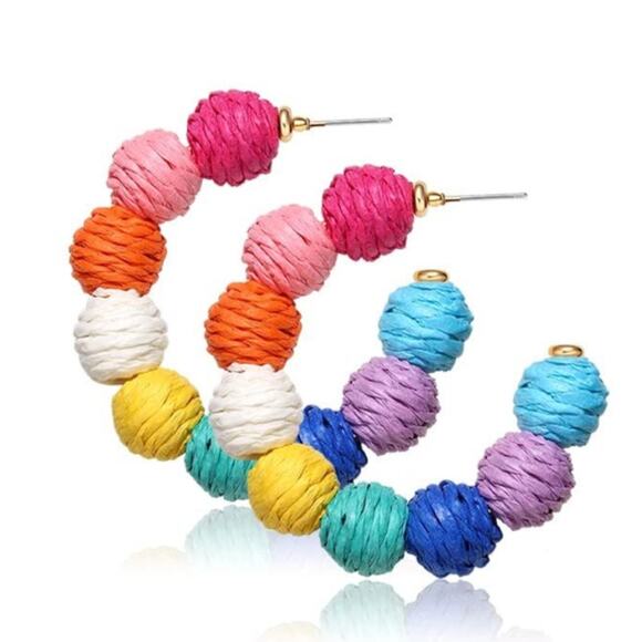 Magenta Raffia Wrapped Ball Hoop Earrings - Picture 1 of 1